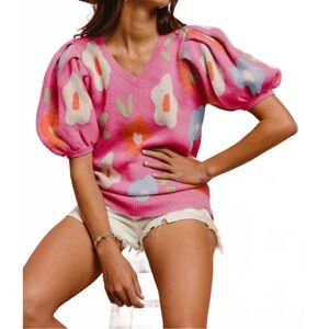 BiBi Floral Puff Sleeve Pink Sweater